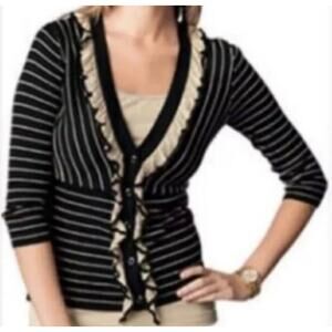 Cabi Ruffled V-Neck 1/2 button down light weight striped Cardigan Size Medium